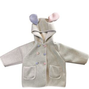 Girls Baby Bunny Ear Hooded Coat Fleece Button Front Pom Tail Beige easter 3T-4T